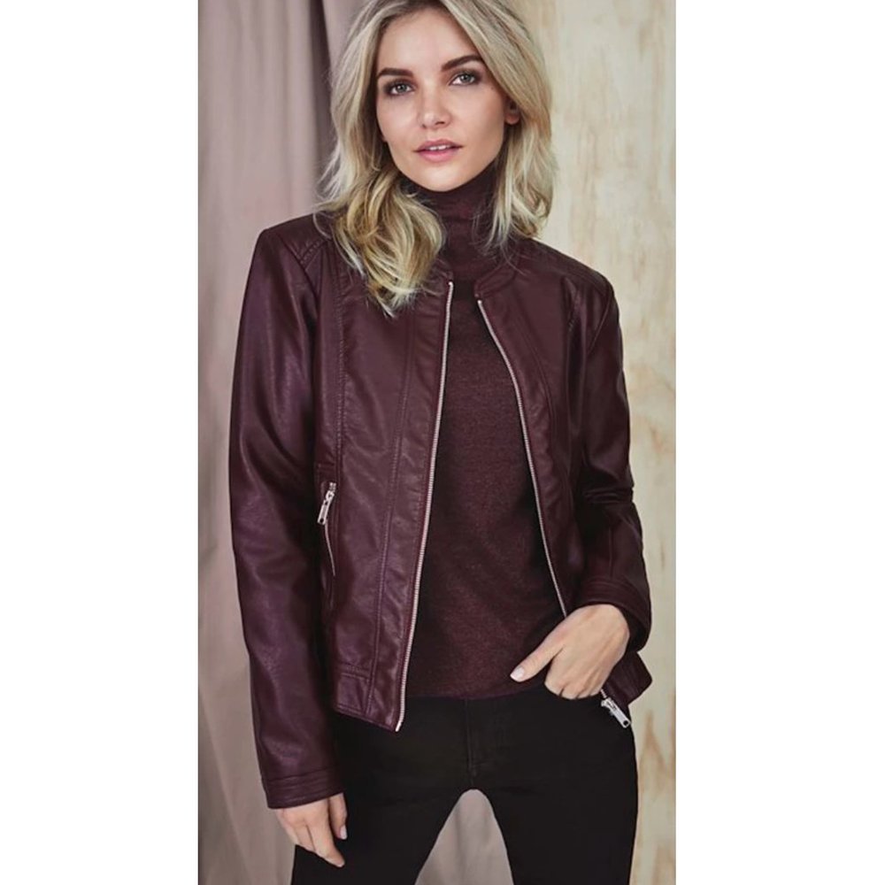 B. Young Faux Wine-Coloured Faux Leather Jacket
